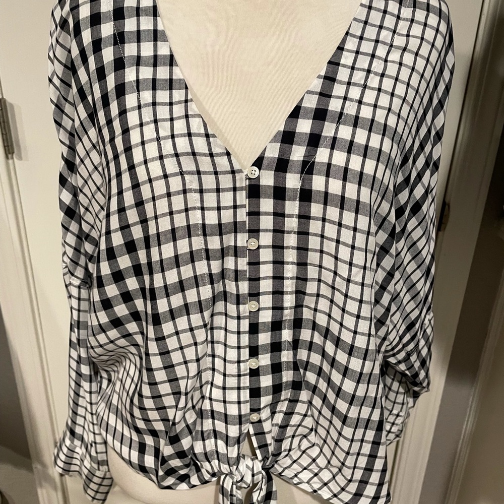 Express black and white checked top